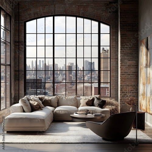 A chic urban apartment featuring exposed brick walls, modern furniture, and large windows offering stunning city views, creating a stylish and sophisticated living space. photo