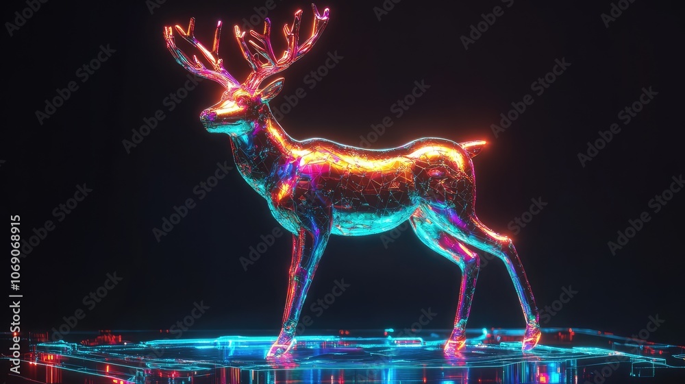 Metallic reindeer sculpture with holographic details, standing on a sleek futuristic platform with glowing edges.