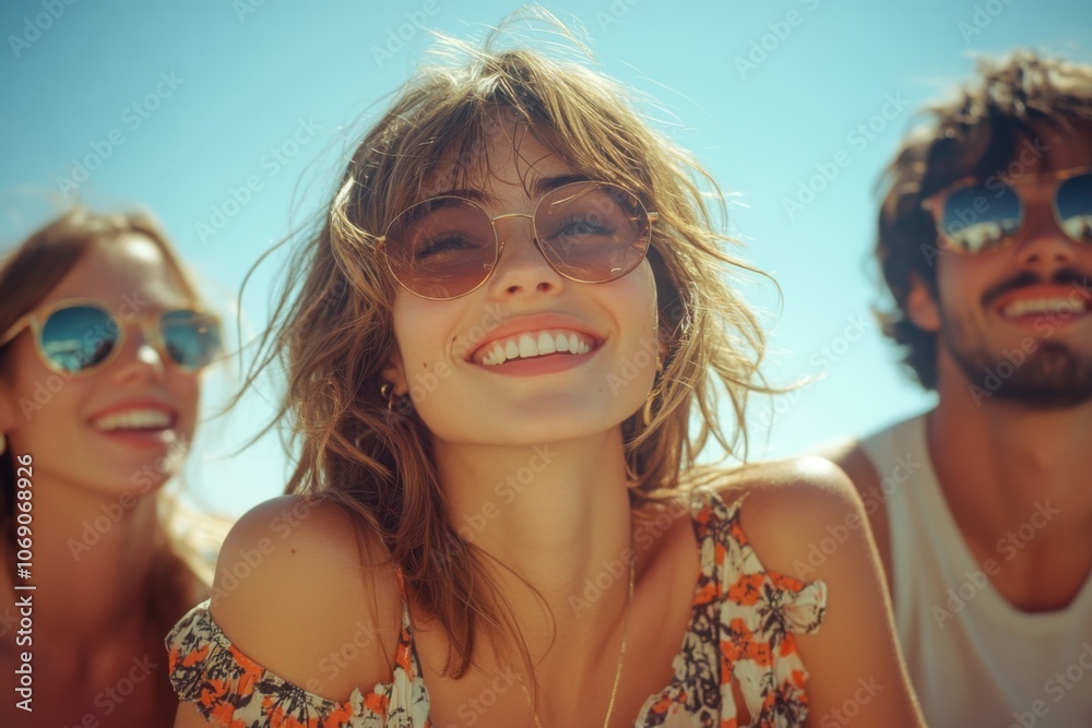 Smiling woman with sunglasses and man in background Smiling woman with sunglasses and man in background