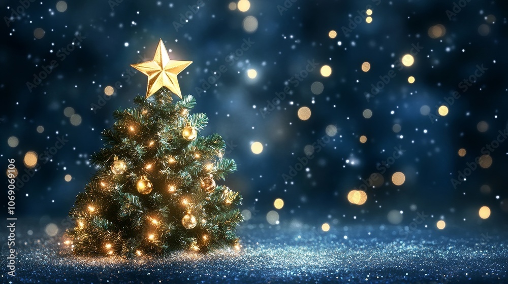 A beautifully decorated Christmas tree with light and a star on top, set against a sparkling background. A beautifully decorated Christmas tree with light and a star on top, set against a sparkling background.