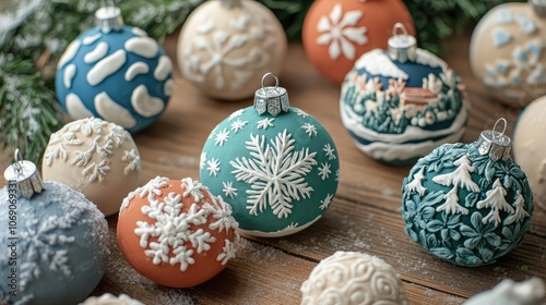 Assorted clay ornaments with hand-painted designs, showcasing snowflakes and holiday scenes on a wooden table.