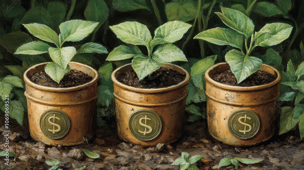 Fototapeta premium Managing Growth with Dollar Sign Plant Pots