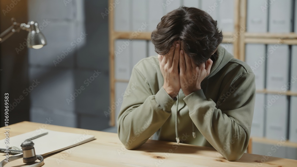 A person sitting at a desk in a dimly lit room, visibly distressed while covering their face A person sitting at a desk in a dimly lit room, visibly distressed while covering their face