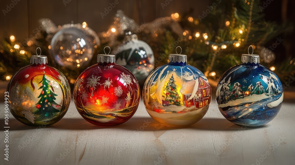 Handcrafted glass ornaments with painted holiday themes, glowing softly with background holiday lights. Handcrafted glass ornaments with painted holiday themes, glowing softly with background holiday lights.