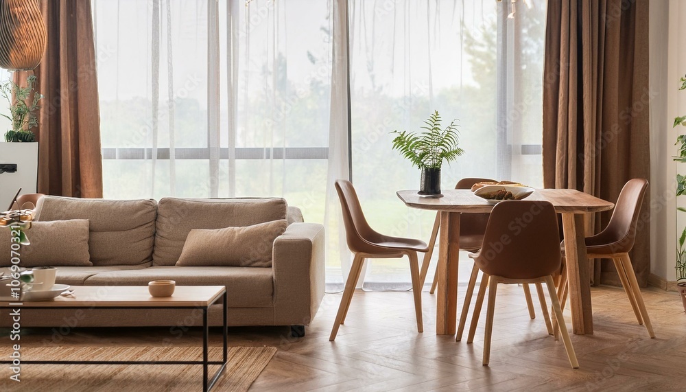 Cozy home living room interior with eating table and chairs, panoramic window Cozy home living room interior with eating table and chairs, panoramic window