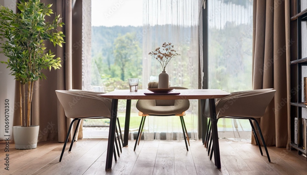 Cozy home living room interior with eating table and chairs, panoramic window Cozy home living room interior with eating table and chairs, panoramic window