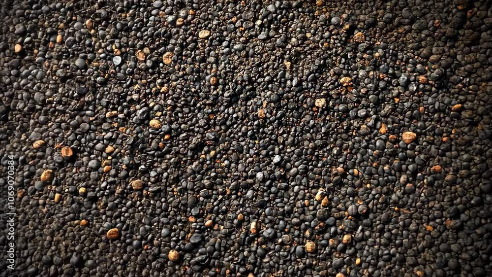 A close-up view of black and brown gravel, showcasing the intricate texture and pattern of the small stones