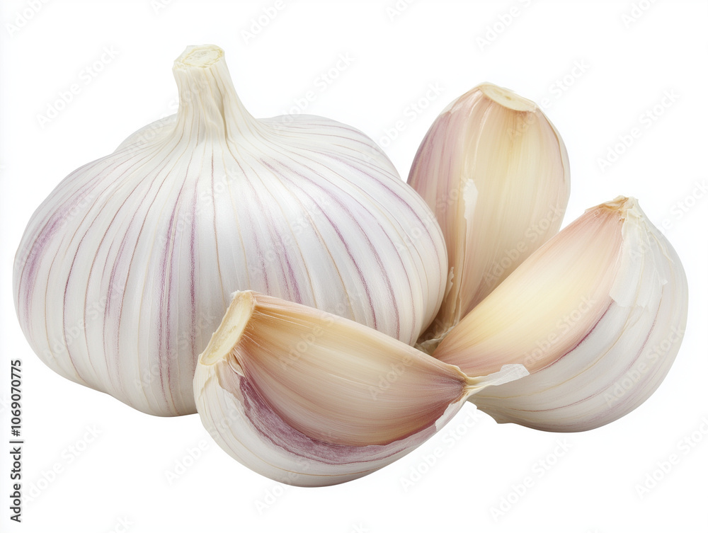 Garlic clove with a few peeled sections isolated on a white background Garlic clove with a few peeled sections isolated on a white background