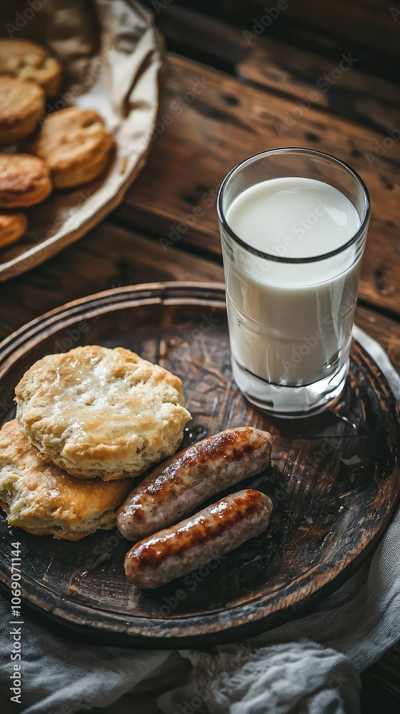 Homemade Rustic Breakfast with Biscuits and Sausages Homemade Rustic Breakfast with Biscuits and Sausages