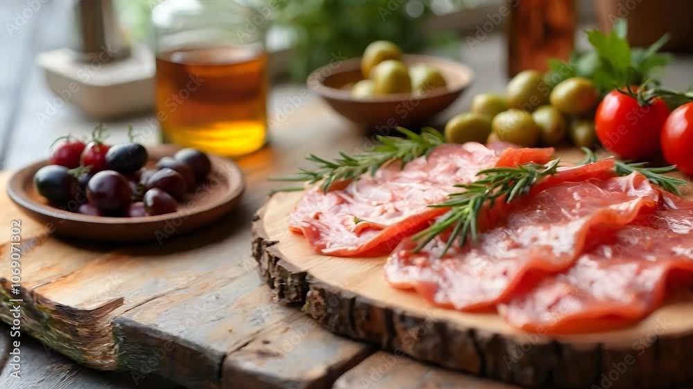 Salami Slices with Rosemary and Olives on a Wooden Cutting Board Salami Slices with Rosemary and Olives on a Wooden Cutting Board
