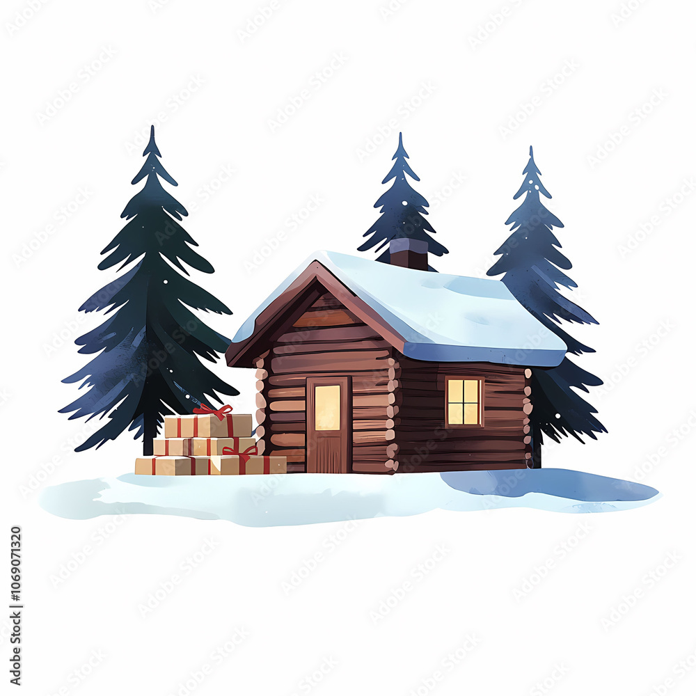 Cozy snowy cabin with gifts stacked on porch, evoking holiday cheer