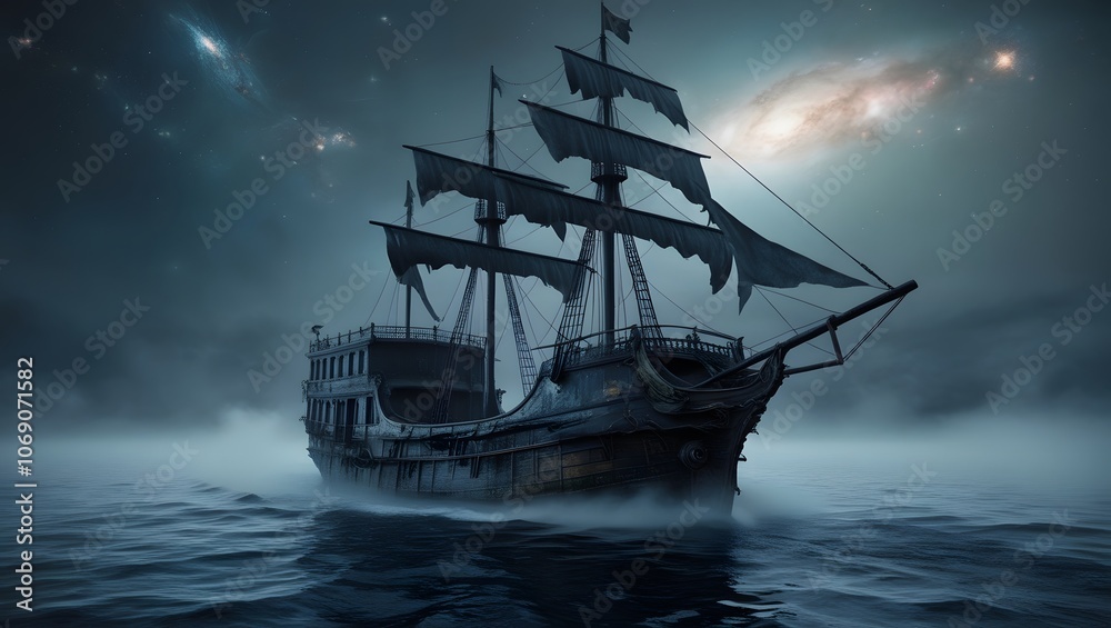 Fototapeta premium A worn-out ancient ship drifts on a dark, misty ocean beneath a surreal sky filled with pale stars.