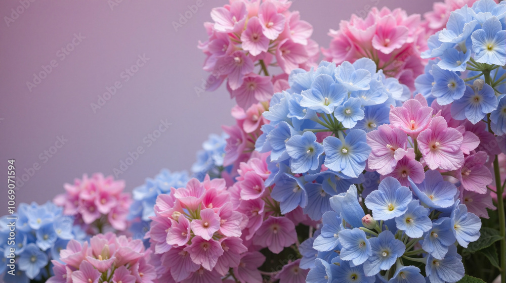 Fototapeta premium Colorful hydrangea flowers blooming against purple background