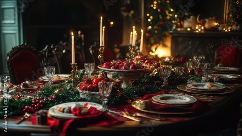 Italian Christmas Eve dinner table, featuring classic holiday dishes, candles, and traditional red and green accents.