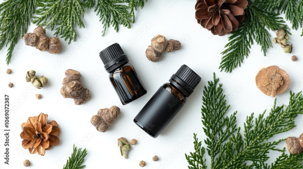 New Year aromatherapy gift set with essential oils, dried botanicals, and festive greenery, arranged on a white background New Year aromatherapy gift set with essential oils, dried botanicals, and festive greenery, arranged on a white background