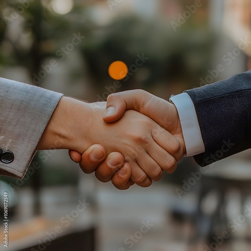 A close-up of a handshake between two business professionals, emphasizing the gesture of partnership and agreement photo