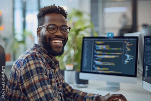 Ready to detect. Cheerful professional IT man smiling and coding while being involved in work