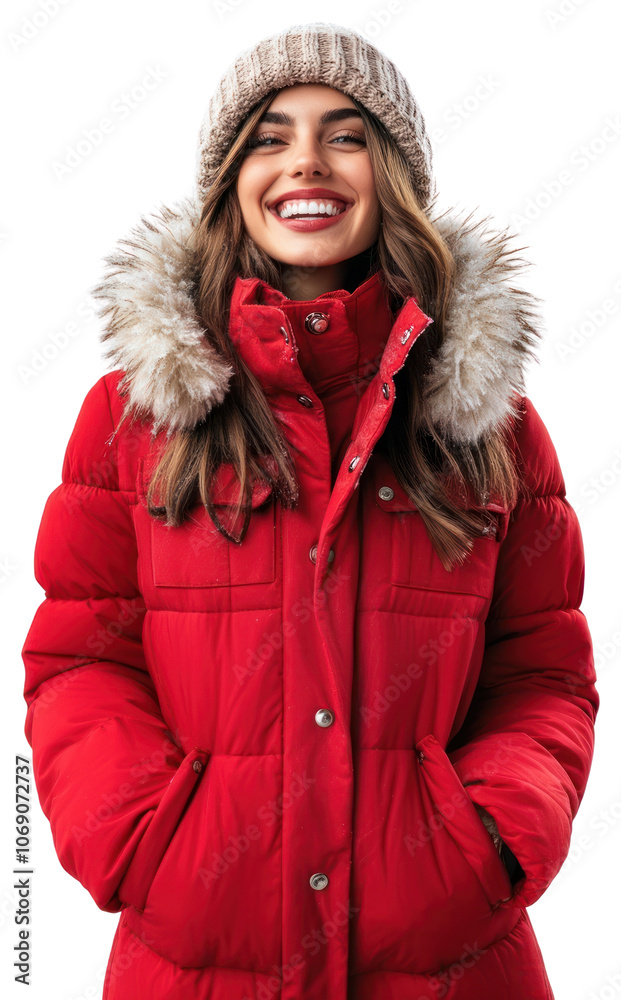 PNG Happy woman in red winter jacket clothing. PNG Happy woman in red winter jacket clothing.