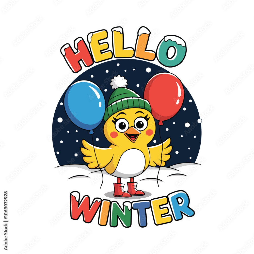 Fototapeta premium Hello winter design, cartoon cute bird holding balloon, winter t shirt design vector, christmas t shirt design