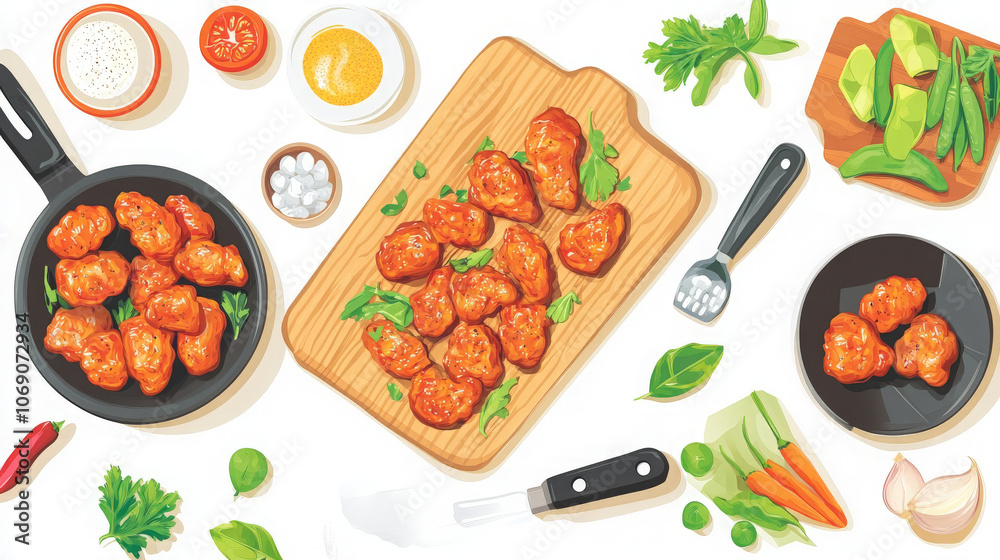 An illustration of cooked chicken wings with fresh ingredients and garnishes. An illustration of cooked chicken wings with fresh ingredients and garnishes.