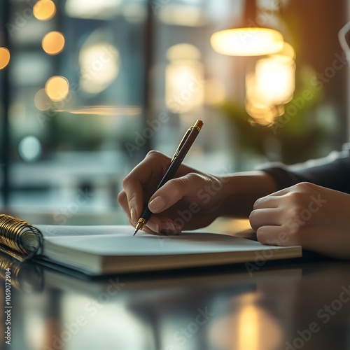 A close-up shot of a business person writing in a notebook, highlighting their hands and pen, set against a modern office background, capturing a focused and professional moment. photo
