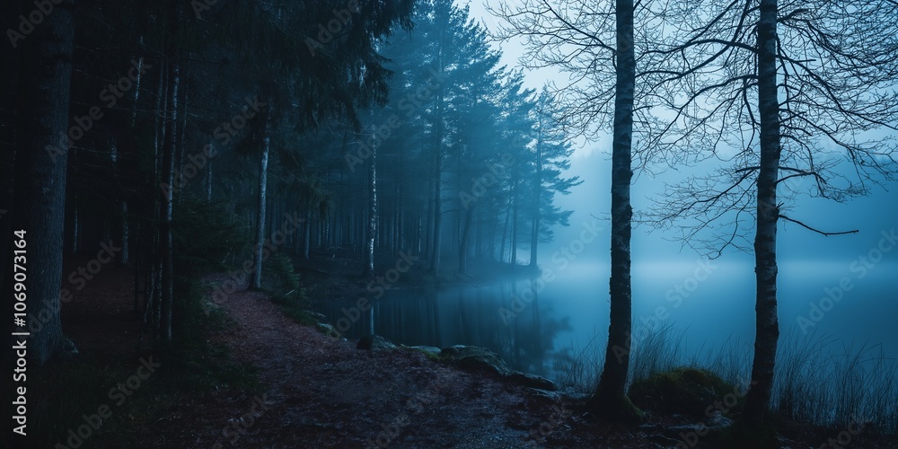 Fototapeta premium A misty forest trail runs alongside a lake, shrouded in a blue haze, creating a mysterious and serene atmosphere.
