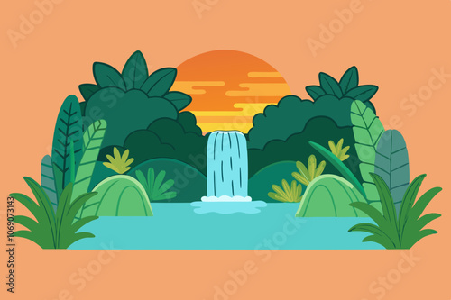 Sunset Jungle Oasis: Hidden Waterfall Flowing into a Serene Pool Surrounded by Tropical Foliage