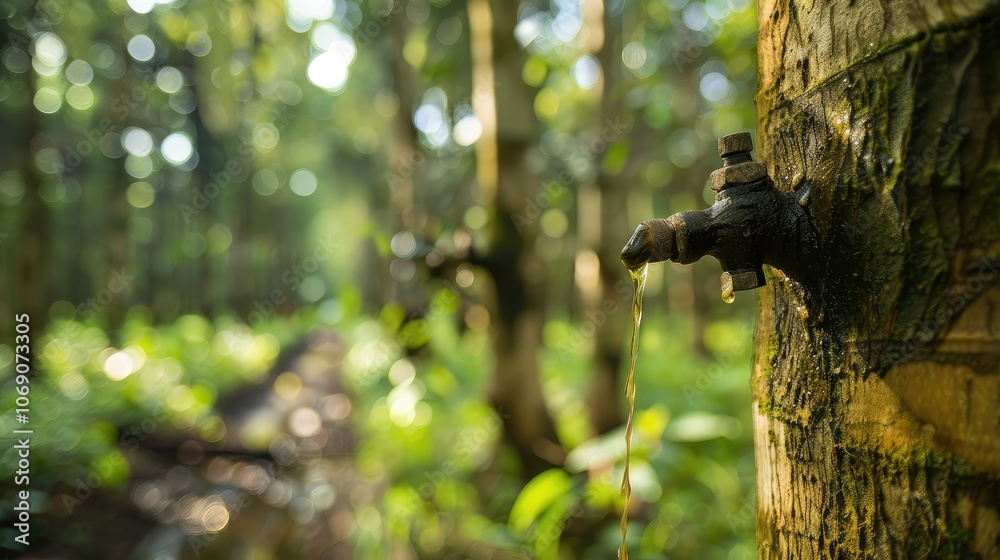 Forest Rubber Tree Tapping Process in Action Forest Rubber Tree Tapping Process in Action