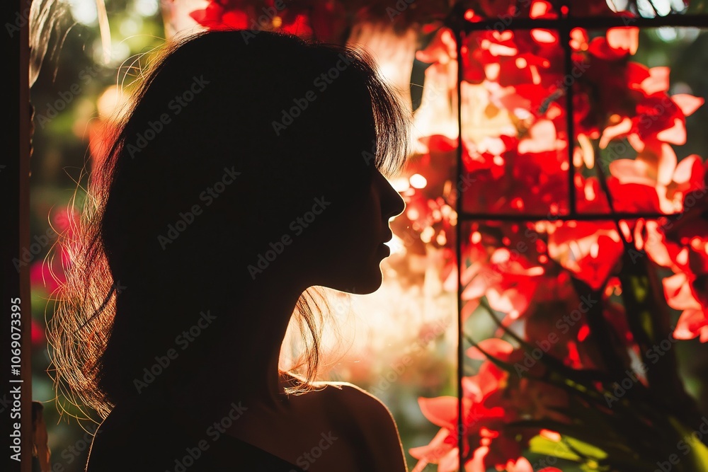 A woman's silhouette contrasts with vibrant blooming flowers, capturing a moment of reflection and natural beauty. A woman's silhouette contrasts with vibrant blooming flowers, capturing a moment of reflection and natural beauty.