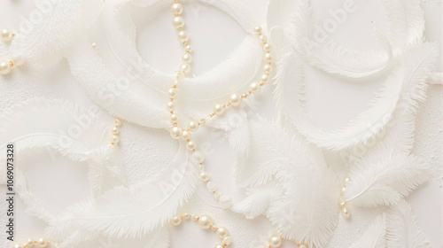 Elegant pearl necklace on white feathers background