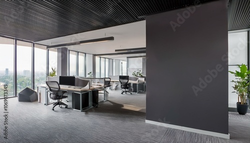 Gray open space office interior with mock up wall