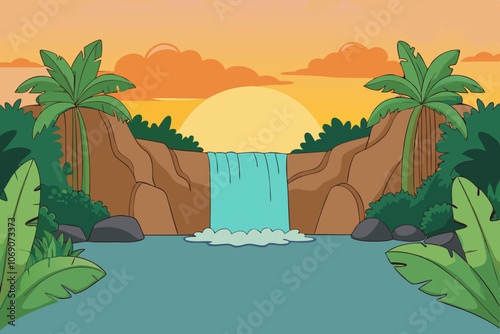 Sunset Jungle Oasis: Hidden Waterfall Flowing into a Serene Pool Surrounded by Tropical Foliage