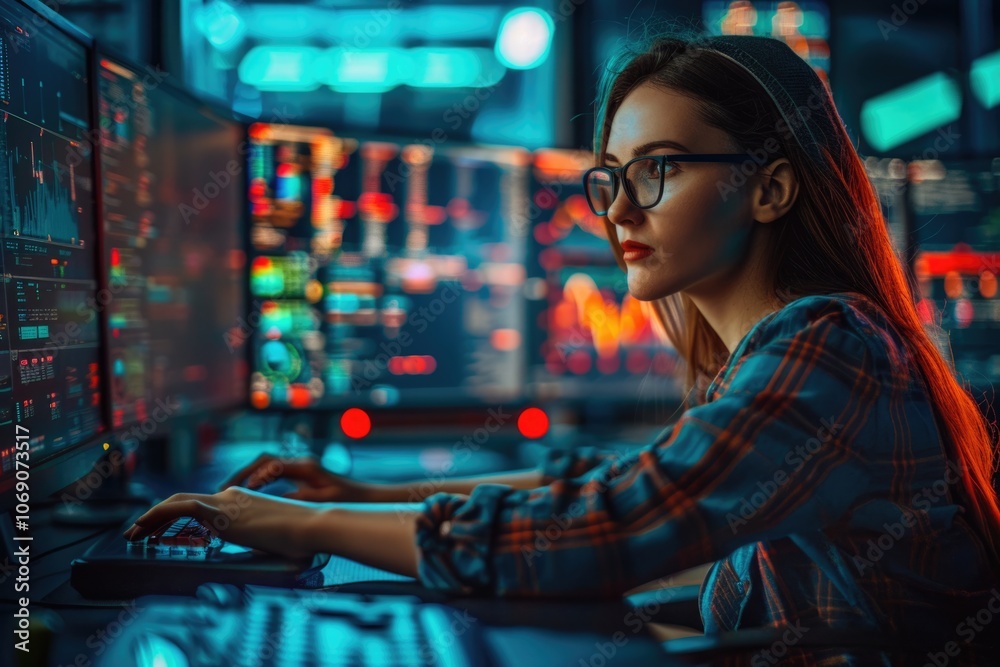 Smart female IT programmer in data center with young professionals. Smart female IT programmer in data center with young professionals.