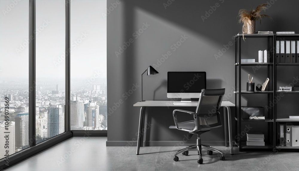 Grey office interior with pc desktop and shelf, panoramic window. Empty wall Grey office interior with pc desktop and shelf, panoramic window. Empty wall