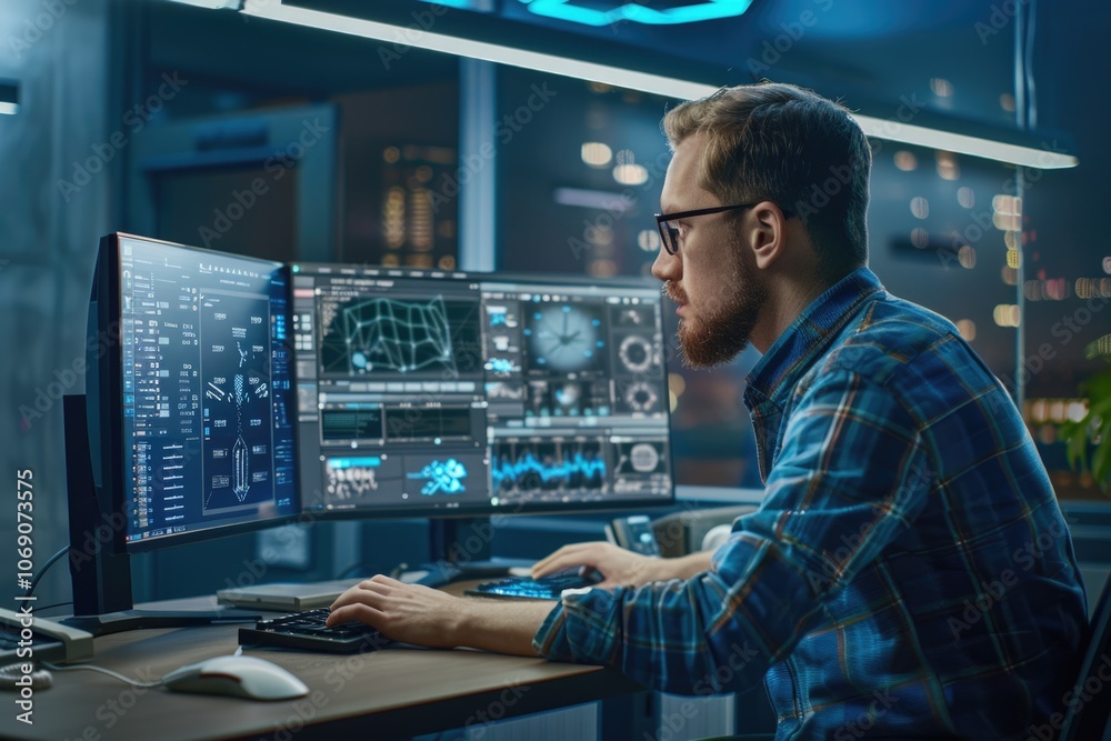 Male IT programmer developing software websites and databases in office. Male IT programmer developing software websites and databases in office.
