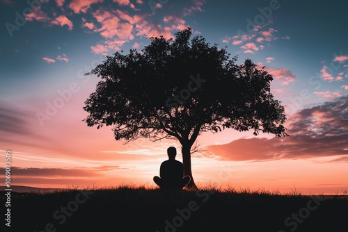 A person meditates alone under a tree at sunset, symbolizing peace and introspection by nature's beauty.