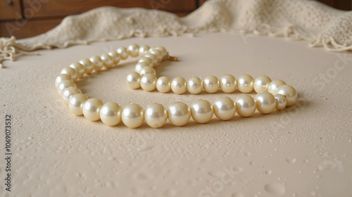 Elegant pearl necklace on beige textured surface