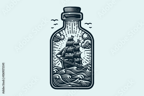  A detailed illustration of a sailing ship trapped inside a glass bottle with waves, clouds, and sun. Vintage vector engraving illustration, emblem, print, tattoo