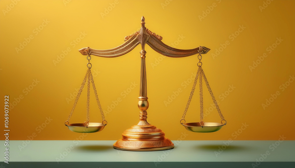 classic scales of justice, isolated on a yellow pastel classic scales of justice, isolated on a yellow pastel