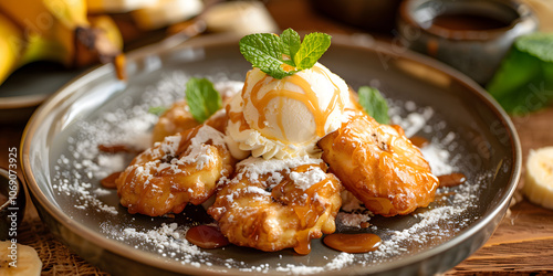 Crispy banana fritters with vanilla ice cream and caramel sauce on a vintage plate for an indulgent treat