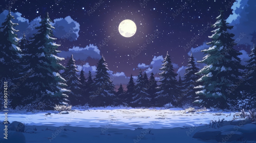 Clear night sky with twinkling stars and a bright full moon illuminating snow-laden fir trees in a quiet holiday setting. Clear night sky with twinkling stars and a bright full moon illuminating snow-laden fir trees in a quiet holiday setting.