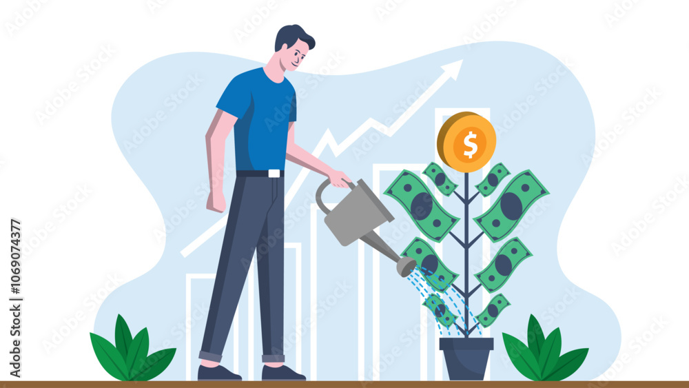 man watering a money plant flat design, Investment illustration, investing money in self development man watering a money plant flat design, Investment illustration, investing money in self development