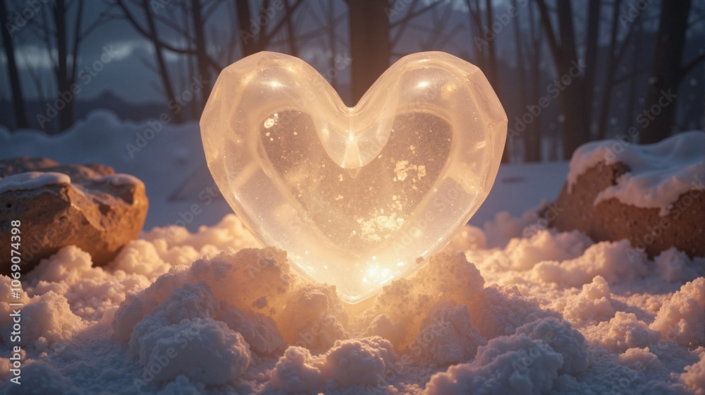 Fototapeta premium Glowing ice heart in snowy winter landscape