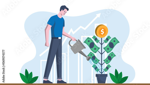 man watering a money plant flat design, Investment illustration, investing money in self development