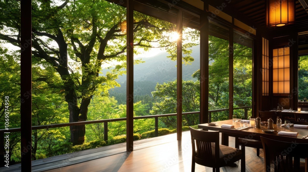 Fototapeta premium A serene dining area with large windows showcasing lush greenery and sunlight filtering through, creating a tranquil and inviting atmosphere.