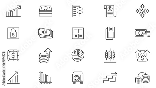 Finance and Investment line icon set. Accountant, financial calculation, audit and analysis, risk, savings, income, expenses, cash, banking, investments, economics line icon set. UI thin icon pack