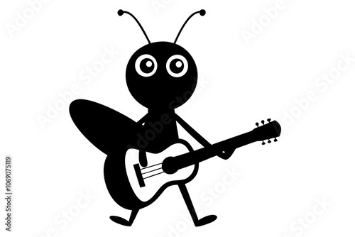 Cartoon grasshopper, playing acoustic guitar, vector illustration