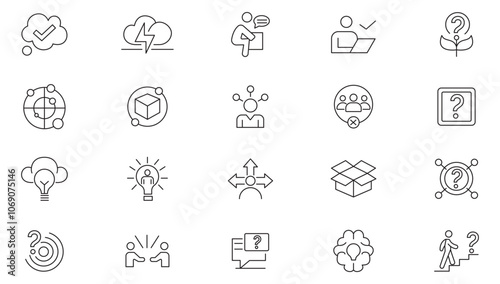 Idea line icon set. Research, thinking, solution,collaboration, mind, business, development, research, growth, management line icon set. UI thin line icon pack.