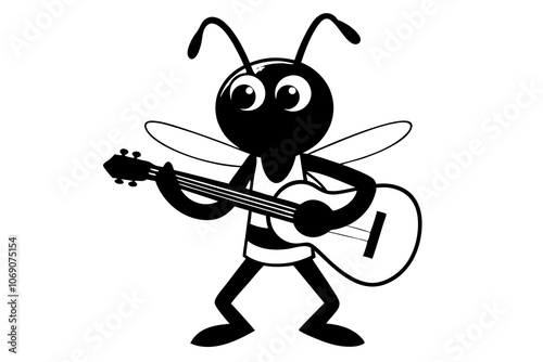 Cartoon grasshopper, playing acoustic guitar, vector illustration