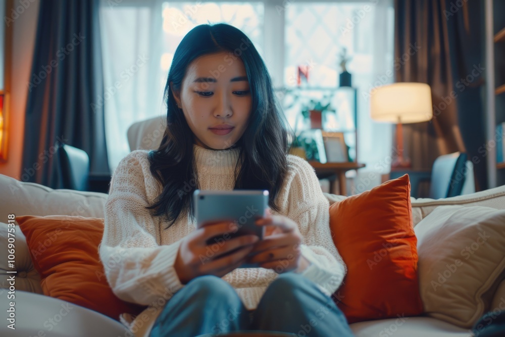 Young asian woman using a laptop pc and a smart phone in living room.